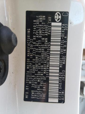 5YFEPMAE9NP370265 - 2022 TOYOTA COROLLA LE 白色 照片 12