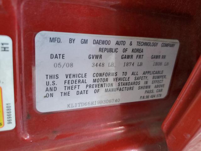 KL1TD66E19B306740 - 2009 CHEVROLET AVEO LS RED photo 12