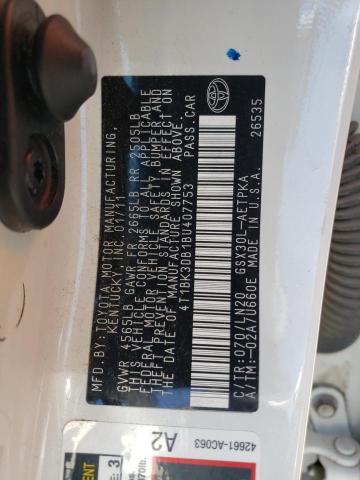 4T1BK3DB1BU407753 - 2011 TOYOTA AVALON BASE 白色 照片 12