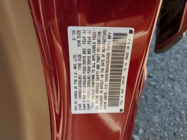 SHSRD78404U227409 - 2004 HONDA CR-V LX RED photo 12