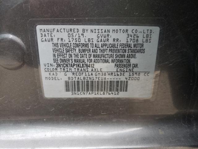 3N1CN7AP1KL876412 - 2019 NISSAN VERSA S GRAY photo 10