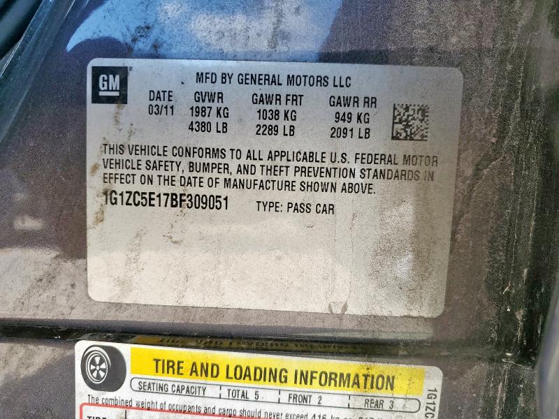 1G1ZC5E17BF309051 - 2011 CHEVROLET MALIBU 1LT CHARCOAL photo 12