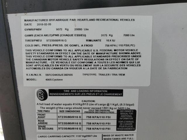 5SFCG4433JE382935 - 2018 HEARTLAND CYCLONE 灰色 照片 10