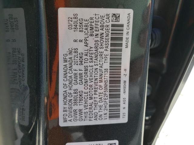 2HGFE2F59NH577138 - 2022 HONDA CIVIC SPORT BLACK photo 10