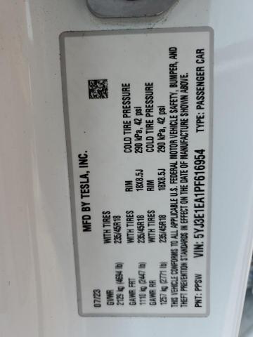5YJ3E1EA1PF616954 - 2023 TESLA MODEL 3 თეთრი ფოტო 12