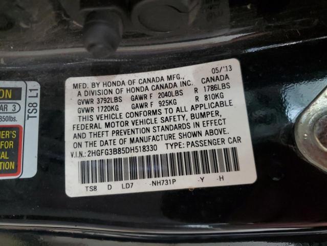 2HGFG3B85DH518330 - 2013 HONDA CIVIC EX BLACK photo 12