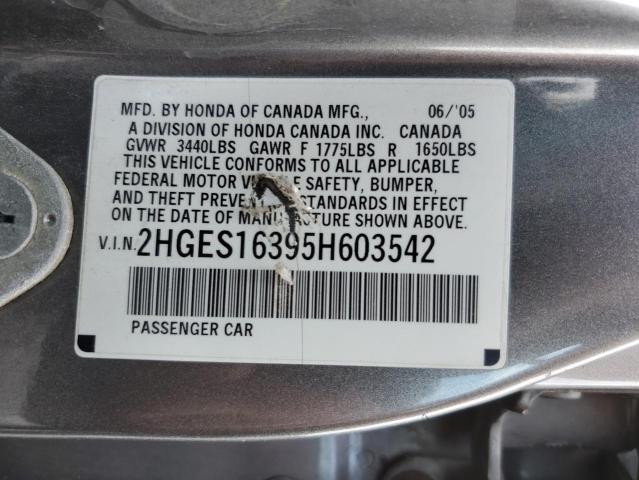 2HGES16395H603542 - 2005 HONDA CIVIC DX VP رمادي صورة 12
