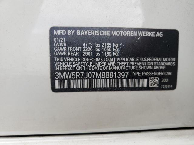 3MW5R7J07M8B81397 - 2021 BMW 330XI WHITE photo 12