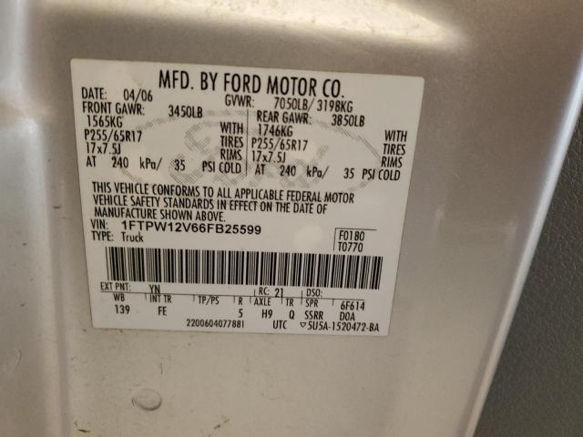 1FTPW12V66FB25599 - 2006 FORD F150 SUPERCREW SILVER photo 13