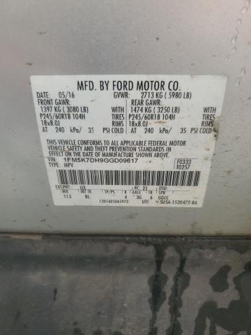 1FM5K7DH9GGD09617 - 2016 FORD EXPLORER XLT ვერცხლისფერი ფოტო 13