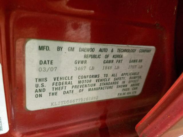 KL1TD56677B161882 - 2007 CHEVROLET AVEO BASE Tünd qırmızı foto 10