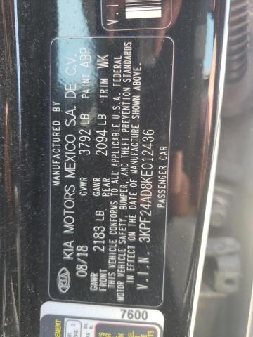 3KPF24AD8KE012436 - 2019 KIA FORTE FE BLACK photo 12