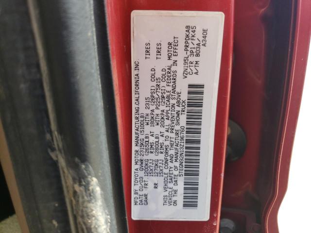 5TEGN92N13Z196760 - 2003 TOYOTA TACOMA DOUBLE CAB PRERUNNER RED photo 13