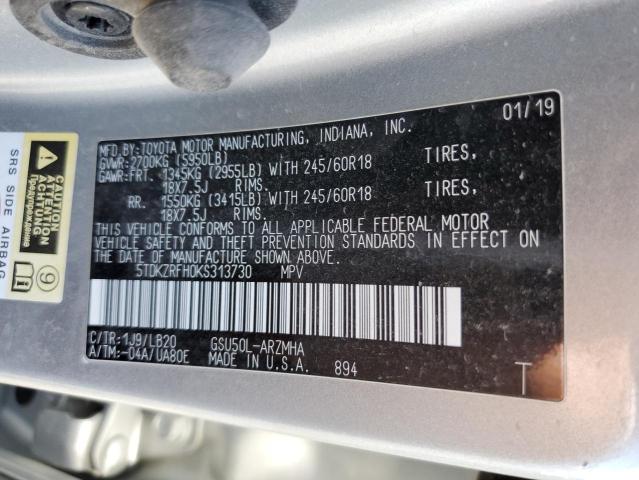 5TDKZRFH0KS313730 - 2019 TOYOTA HIGHLANDER SE SILVER photo 13