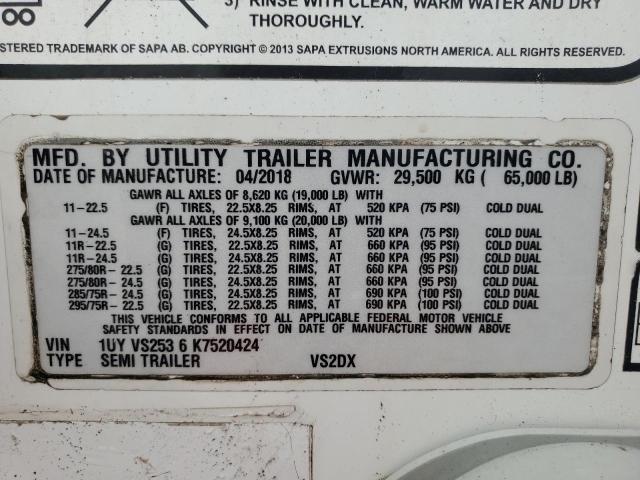 1UYVS2536K7520424 - 2019 UTILITY DRY VAN WHITE photo 10