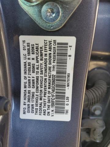 19XFC1F74GE206032 - 2016 HONDA CIVIC EXL გრაფიტი ფოტო 12