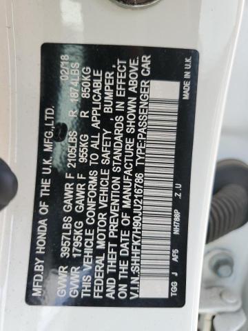 SHHFK7H90JU216786 - 2018 HONDA CIVIC SPORT TOURING WHITE photo 12