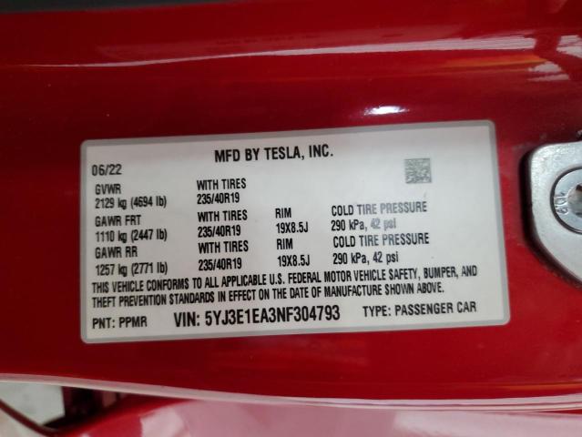 5YJ3E1EA3NF304793 - 2022 TESLA MODEL 3 RED photo 12