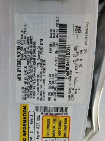 3FA6P0CD6KR182395 - 2019 FORD FUSION SEL WHITE photo 13