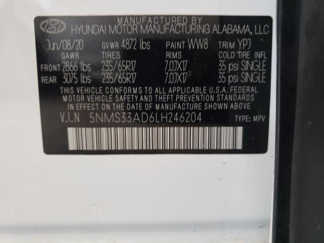 5NMS33AD6LH246204 - 2020 HYUNDAI SANTA FE SEL WHITE photo 14