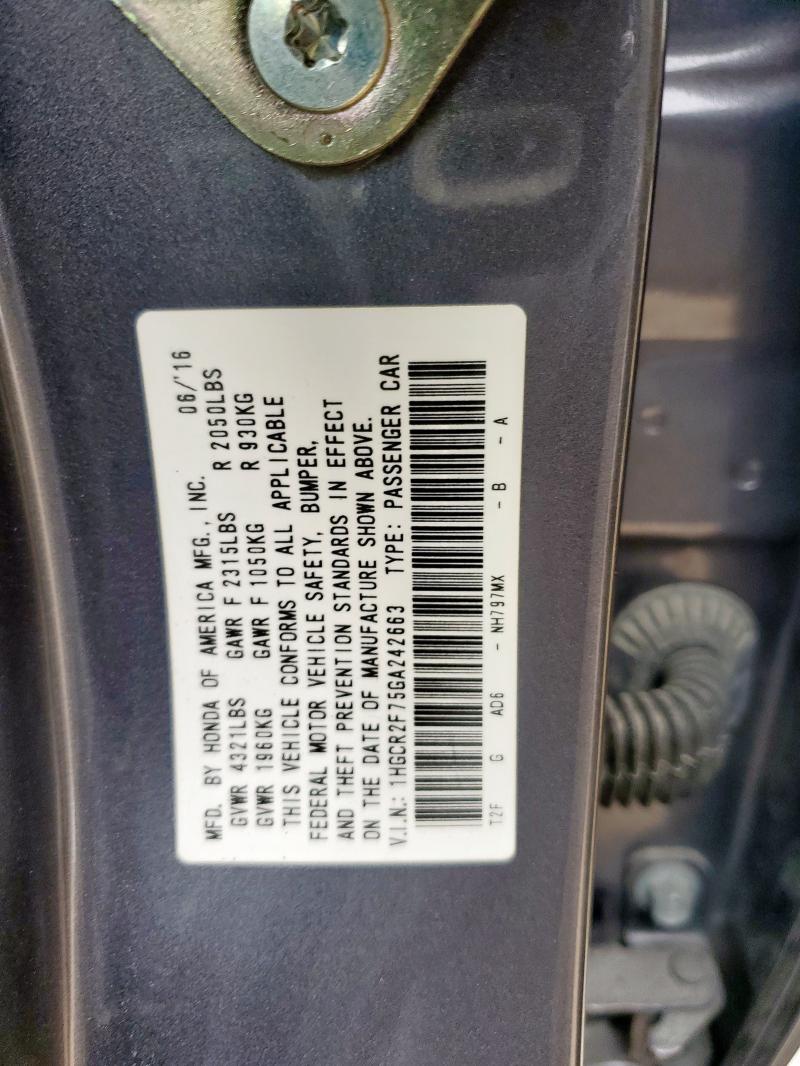 1HGCR2F75GA242663 - 2016 HONDA ACCORD EX GRAY photo 12