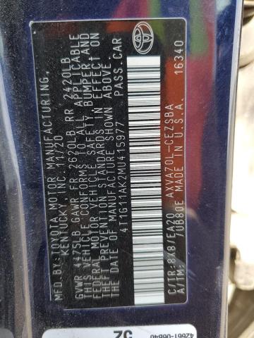 4T1G11AK2MU415977 - 2021 TOYOTA CAMRY SE BLACK photo 12