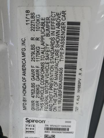 19UUB3F80KA006406 - 2019 ACURA TLX ADVANCE WHITE photo 12
