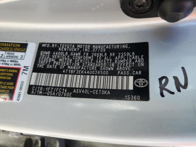 4T1BF3EK4AU026500 - 2010 TOYOTA CAMRY BASE SILVER photo 12