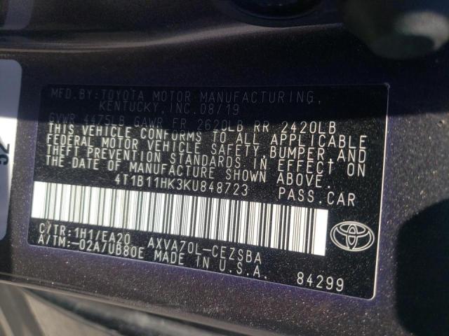 4T1B11HK3KU848723 - 2019 TOYOTA CAMRY L GRAY photo 12