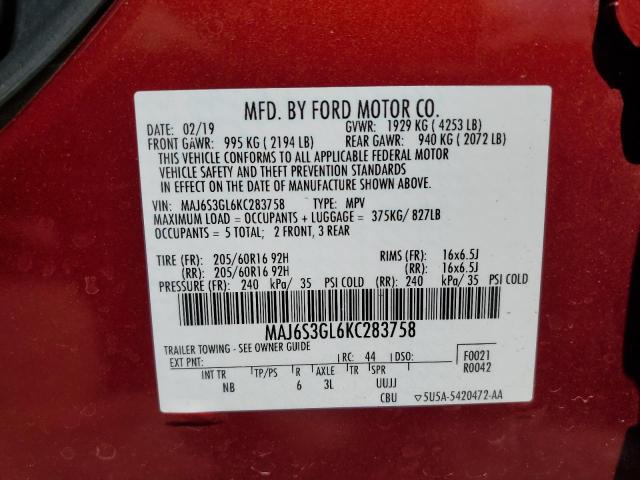 MAJ6S3GL6KC283758 - 2019 FORD ECOSPORT SE Rojo foto 14