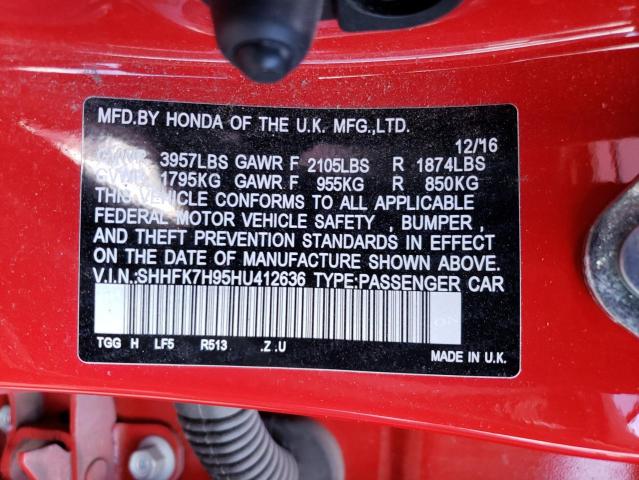 SHHFK7H95HU412636 - 2017 HONDA CIVIC SPORT TOURING RED photo 12