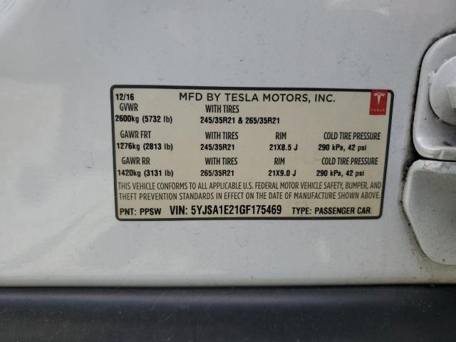 5YJSA1E21GF175469 - 2016 TESLA MODEL S WHITE photo 12