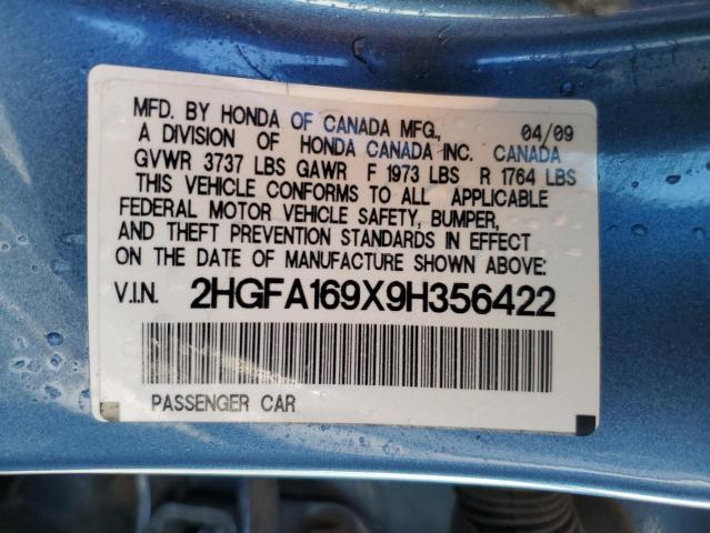 2HGFA169X9H356422 - 2009 HONDA CIVIC EXL ლურჯი ფოტო 13