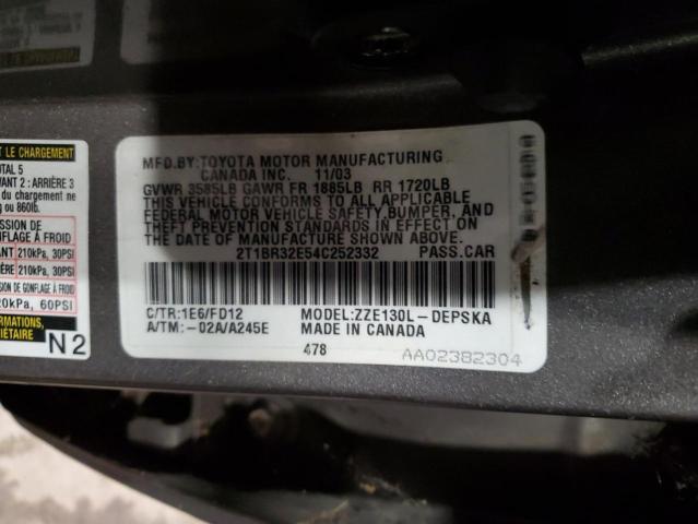 2T1BR32E54C252332 - 2004 TOYOTA COROLLA CE GRAY photo 12