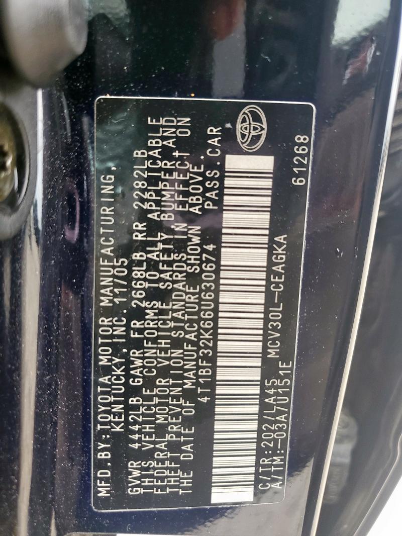 4T1BF32K66U630674 - 2006 TOYOTA CAMRY LE 黑色 照片 12