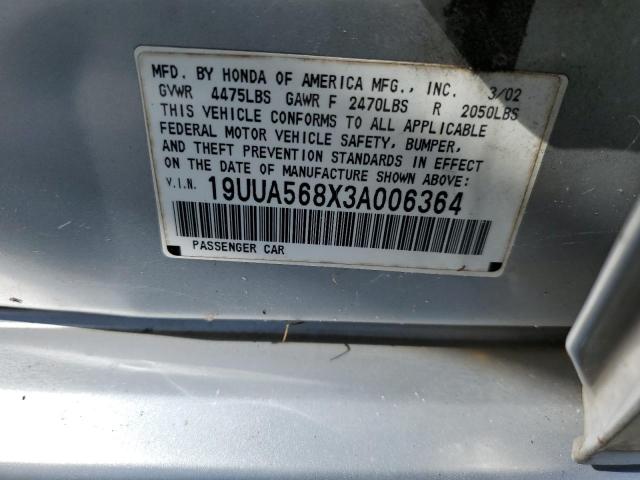 19UUA568X3A006364 - 2003 ACURA TL TYPE-S SILVER photo 10