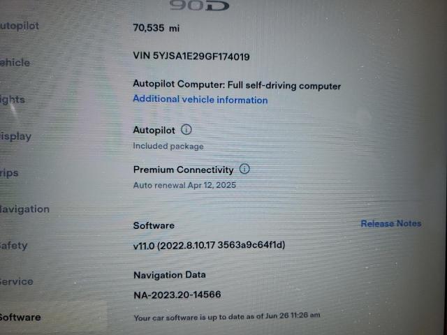 5YJSA1E29GF174019 - 2016 TESLA MODEL S თეთრი ფოტო 9