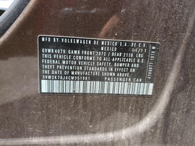 3VW2K7AJ4CM351981 - 2012 VOLKSWAGEN JETTA BASE 棕色 照片 12