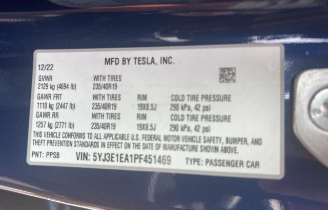 5YJ3E1EA1PF451469 - 2023 TESLA MODEL 3 BLUE photo 10