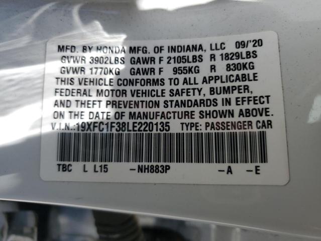 19XFC1F38LE220135 - 2020 HONDA CIVIC EX WHITE photo 12