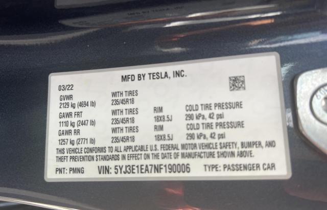 5YJ3E1EA7NF190006 - 2022 TESLA MODEL 3 GRAY photo 10