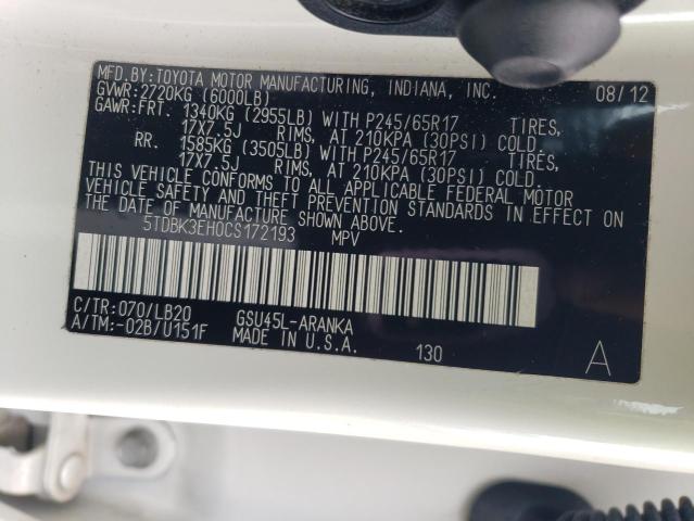 5TDBK3EH0CS172193 - 2012 TOYOTA HIGHLANDER BASE Ақ фото 12