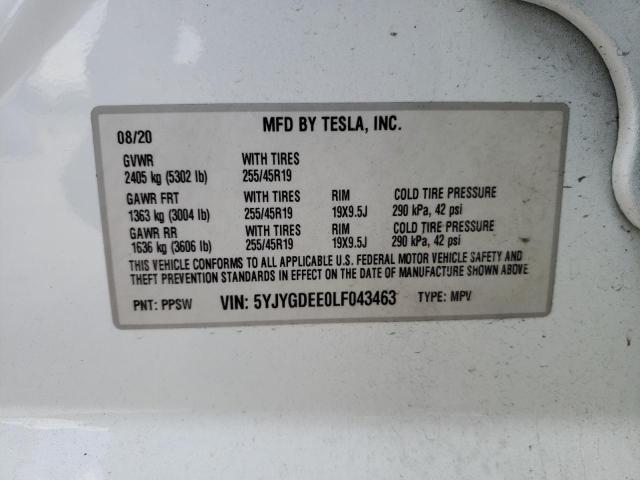 5YJYGDEE0LF043463 - 2020 TESLA MODEL Y WHITE photo 13