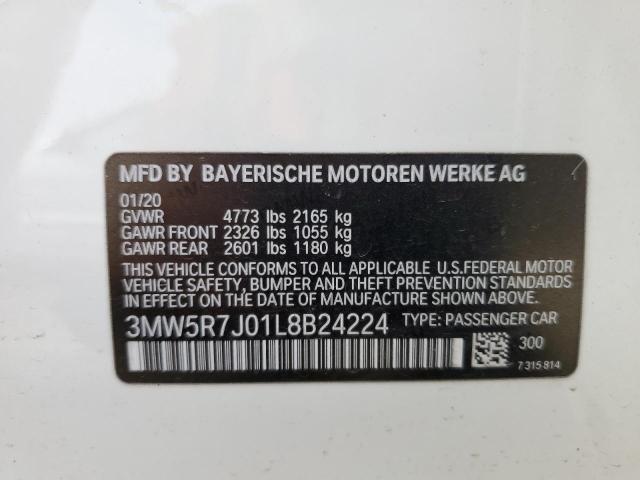 3MW5R7J01L8B24224 - 2020 BMW 330XI WHITE photo 12