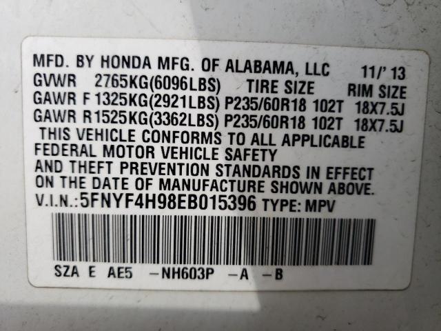 5FNYF4H98EB015396 - 2014 HONDA PILOT TOURING WHITE photo 13