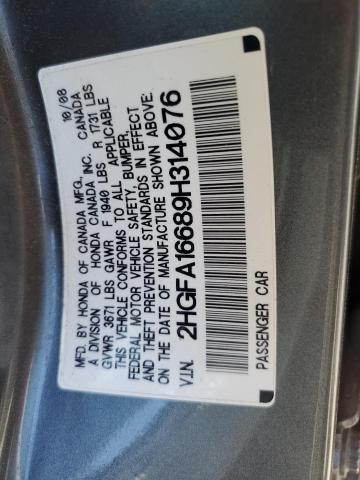 2HGFA16689H314076 - 2009 HONDA CIVIC LX-S Արծաթագույն լուսանկար 12