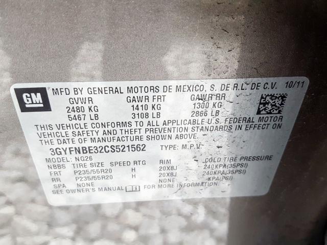 3GYFNBE32CS521562 - 2012 CADILLAC SRX PERFORMANCE COLLECTION  фото 10