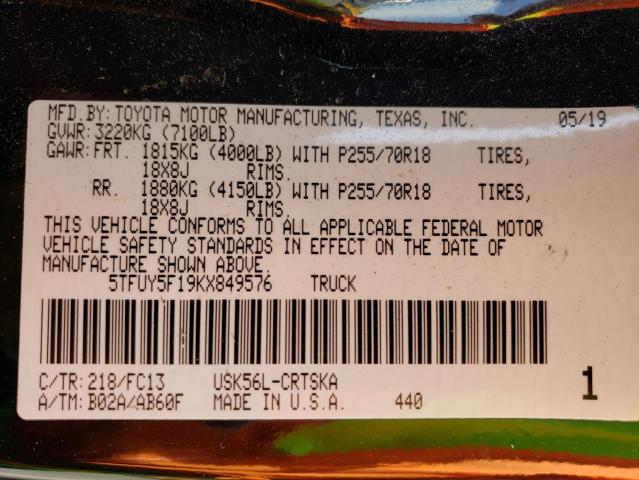 5TFUY5F19KX849576 - 2019 TOYOTA TUNDRA DOUBLE CAB SR/SR5 BLACK photo 13