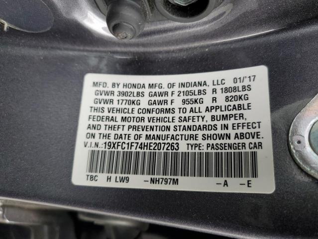 19XFC1F74HE207263 - 2017 HONDA CIVIC EXL ნაცრისფერი ფოტო 12