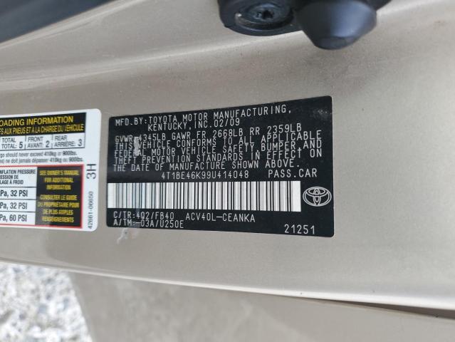 4T1BE46K99U414048 - 2009 TOYOTA CAMRY BASE BEIGE photo 12